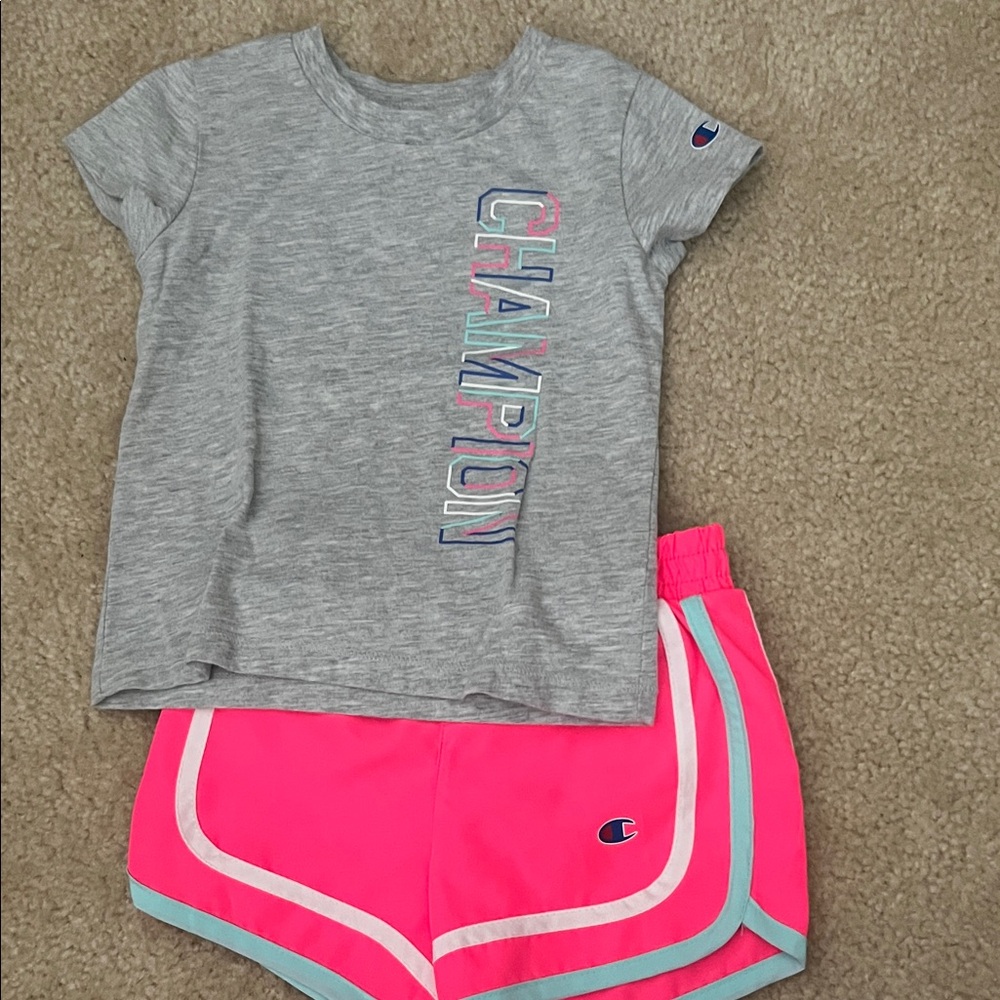 Champion Girls Gray Graphic Tee with Hot Pink Athletic Shorts